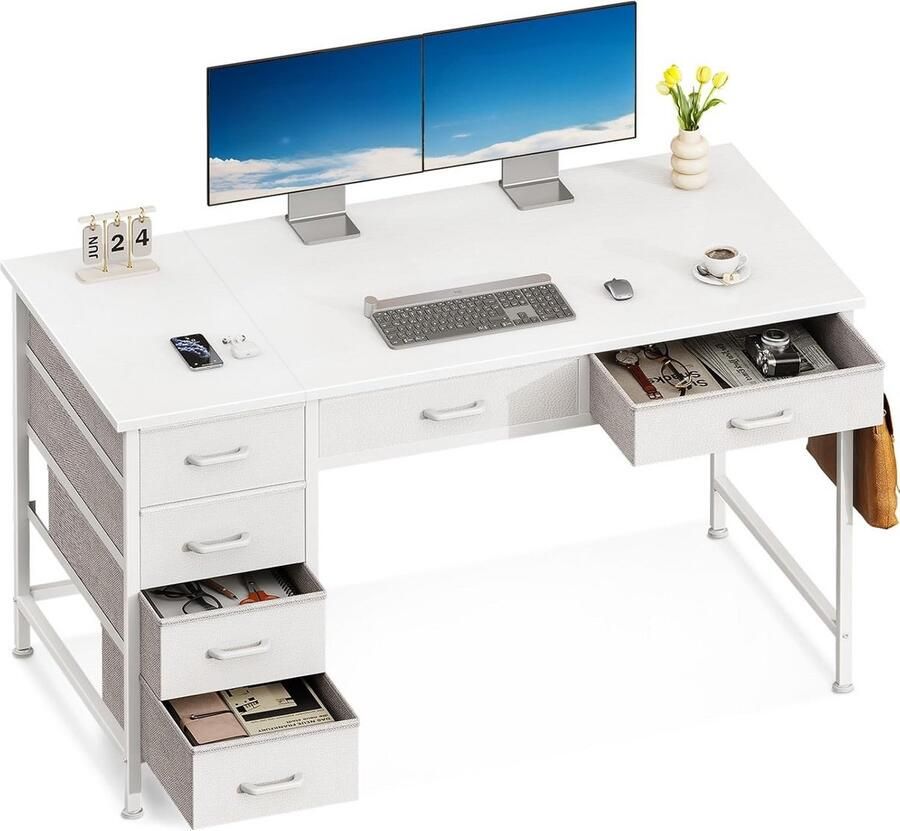 BOG Stijlvol Bureau Met 6 Laden – 120x48 Cm – Omkeerbaar Design Met Hoofdtelefoonhaak – Compact Wit Thuiswerkstation Met Veel Opbergruimte