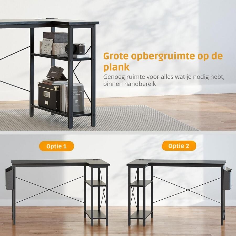 BOG Stijlvol L-Vormig Hoekbureau Met Ingebouwde Stopcontacten – Compact Werkstation Met Boekenplank & Opbergruimte – 100x70 Cm- Omkeerbaar Voor Thuis of Kantoor