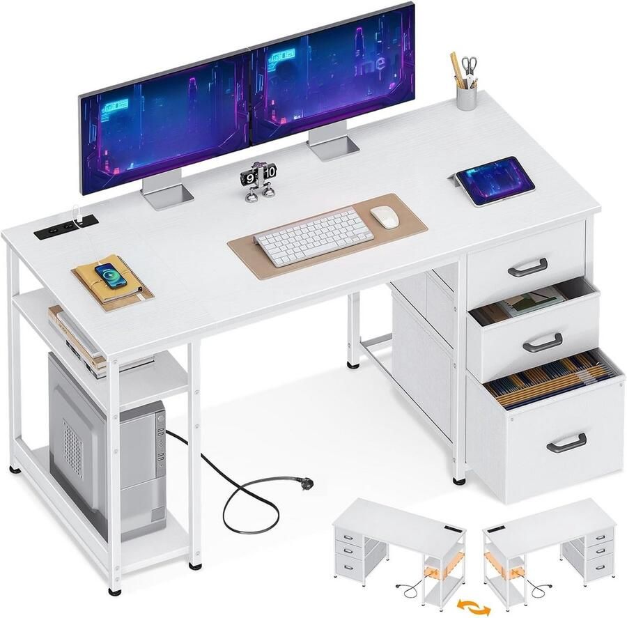 BOG Stijlvol Wit Bureau Met 3 Laden- Stopcontacten & USB – Omkeerbare Computertafel Van 130x48 Cm Met Plank Voor Kantoor Of Woonkamer