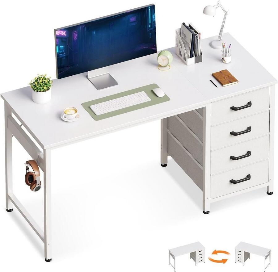 BOG Stijlvol Wit Bureau Met 4 Lades En Hoofdtelefoonhouder – Omkeerbare Computertafel 120x48x75.7 Cm Voor Thuiswerken