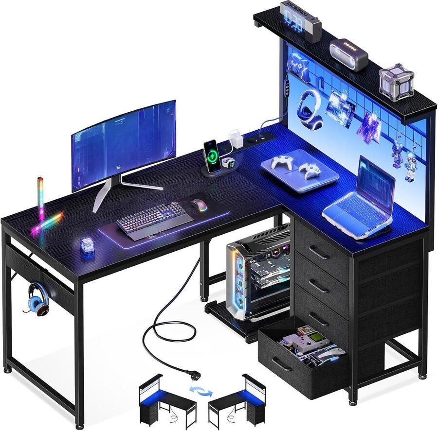 BOG Stijlvolle Omkeerbare Gamingtafel 110x80 Cm Met LED- Lade & Stopcontacten – Praktisch Zwart Hoekbureau Met Opbergruimte
