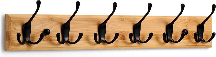 BOG Stijlvolle Wandkapstok Van Hout – 6 Zwarte Haken – Industrieel Design – 59 Cm Breed