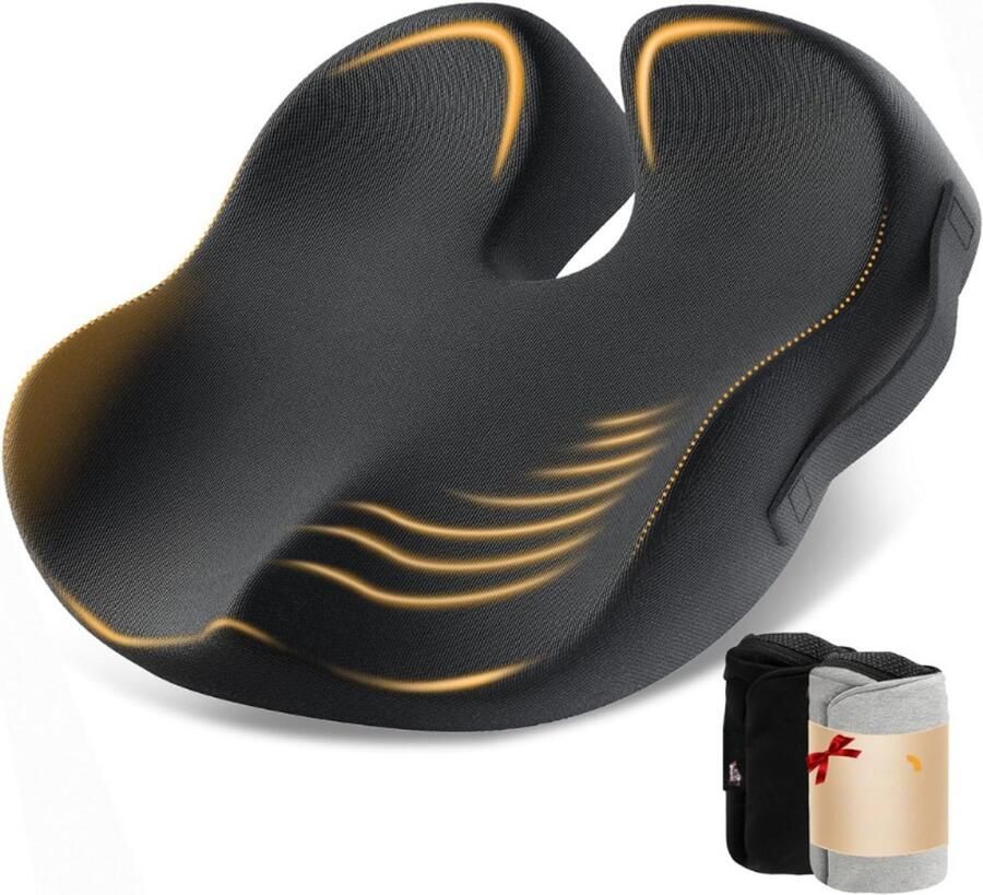 BOG Stoelkussen Bureaustoel XL Ergonomisch Zitkussen Voor Extra Comfort Ademend Traagschuim Anti Slip Onderzijde Zwart