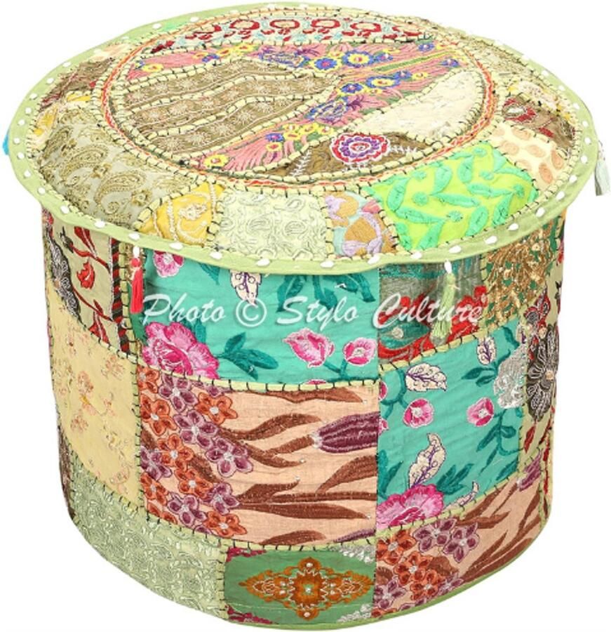 BOG Stoffen Poef Stoel Vintage Voetenbank Hoes Groene Indiase Geborduurde Patchwork Katoenen Traditionele Ronde Poef Hoes 45cm