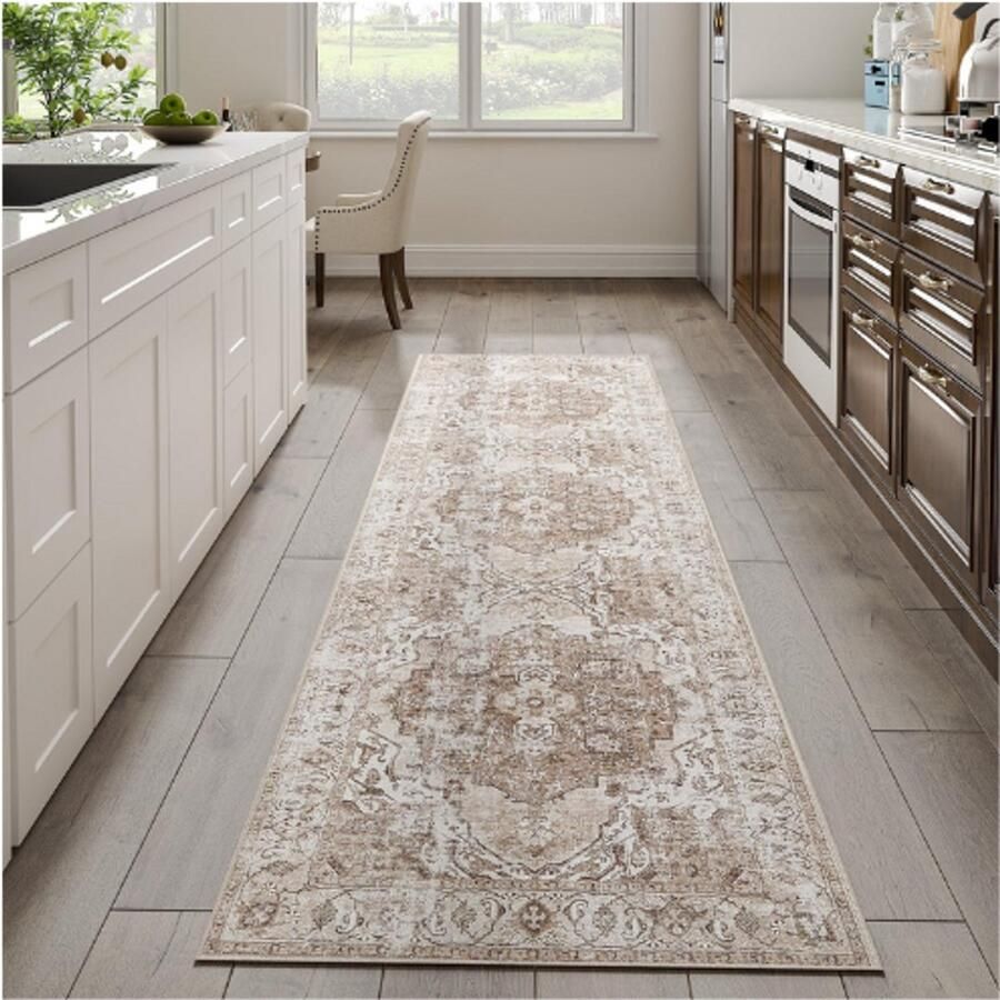 BOG Vintage Vloerkleed Loper 60x300 Cm Bruin Met Bloemenprint Antislip Dun En Opvouwbaar Wasbaar Tapijt Voor Woonkamer Keuken Slaapkamer Kantoor Indoor Gebruik