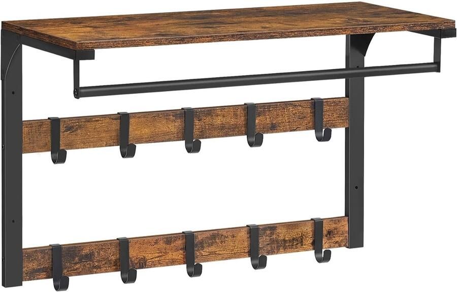 BOG Vintage Wandkapstok Met Plank En 10 Afneembare Haken – Wandplank Met Kledingroede – Dubbele Kapstokken Voor Hal Slaapkamer Of Badkamer – Industrieel Bruin Zwart Design