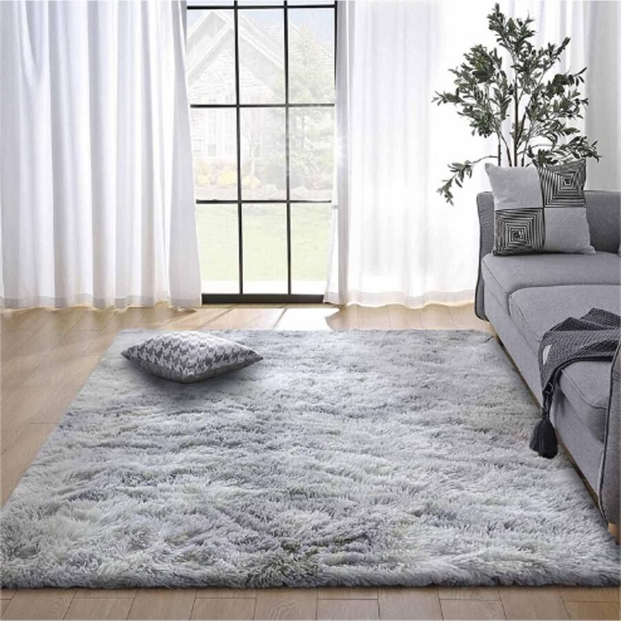 BOG Vloerkleed Pluizig Shaggy Pluche Tapijt Anti-Slip Vloermat Zwart Grijs 80x120 cm Slaapkamer Woonkamer Woondecoratie