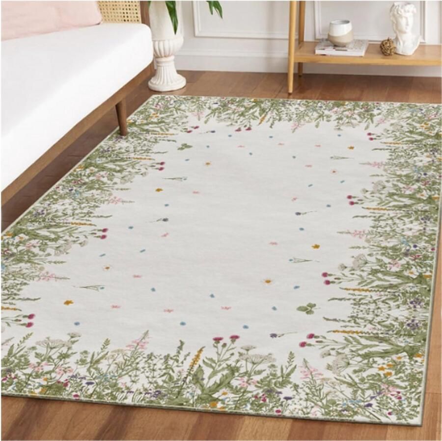 PEAM Vloerkleed Wilde Bloemen 160x220 Cm Antiek Kruidenpatroon Met Lenteprint Zacht Tapijt Met Antislip Onderkant Voor Woonkamer Keuken En Zomerdecoratie