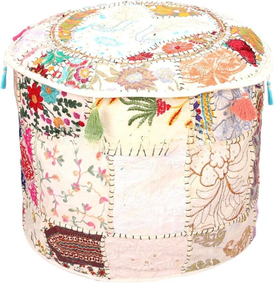 BOG Voetenbank En Poefhoes Ronde Poef Stoelhoes Wit Ethnisch Geborduurd Patchwork Katoenen Poef Traditionele Stoffen Ottoman Pouf Cover 40cm (16x16x13 Inch) Alleen Hoes