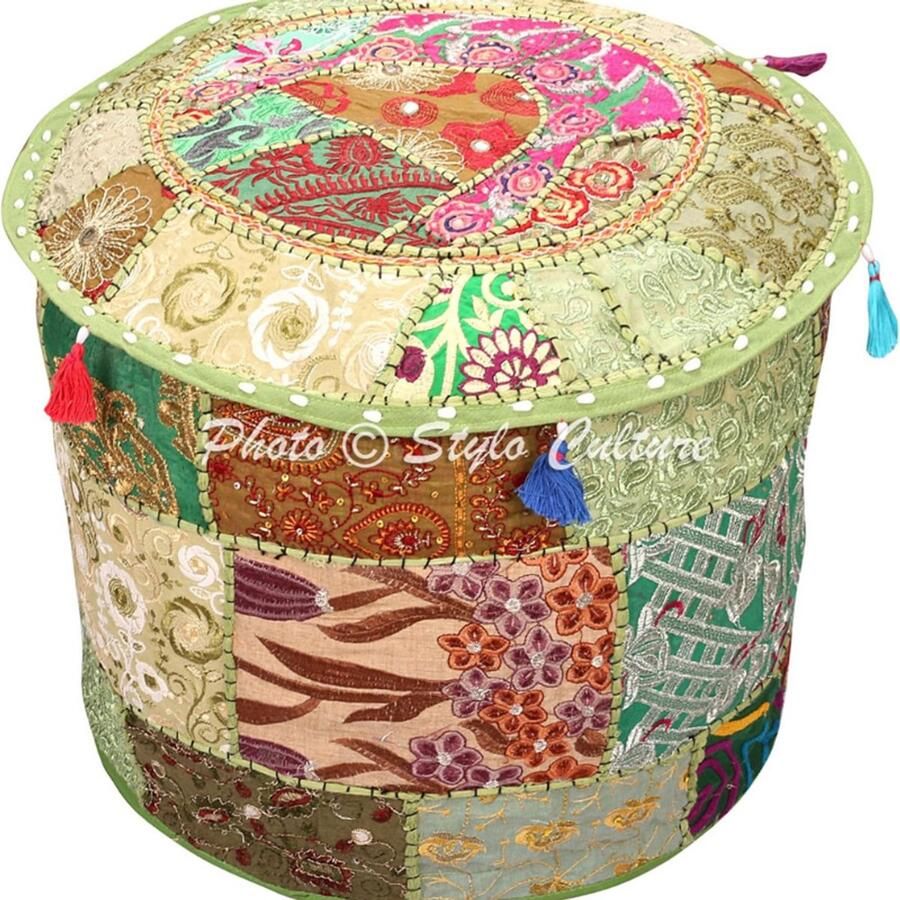 BOG Voetenbank Hoes Vintage Groen Indiase Geborduurde Patchwork Katoen Traditionele Ronde Poef Ottoman Hoes 40x40x33 cm