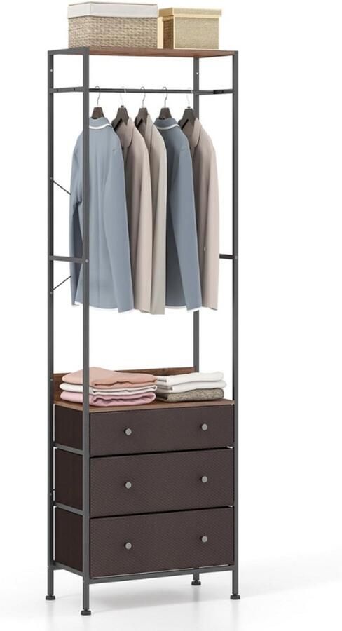 BOG Vrijstaand Kledingrek Met 3 Lades En Legplank – Metalen Kledinghanger Voor Slaapkamer – Woonkamer – Hal – Kleding Organizer Met Opberglades – 55×28×176 cm – Bruin
