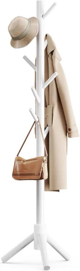 BOG Vrijstaande Kapstok Met 3 Verstelbare Maten 8 Haken Stevige Houten Standaard Voor Jassen Hoeden Geschikt Voor Slaapkamer Kantoor Gang Wit