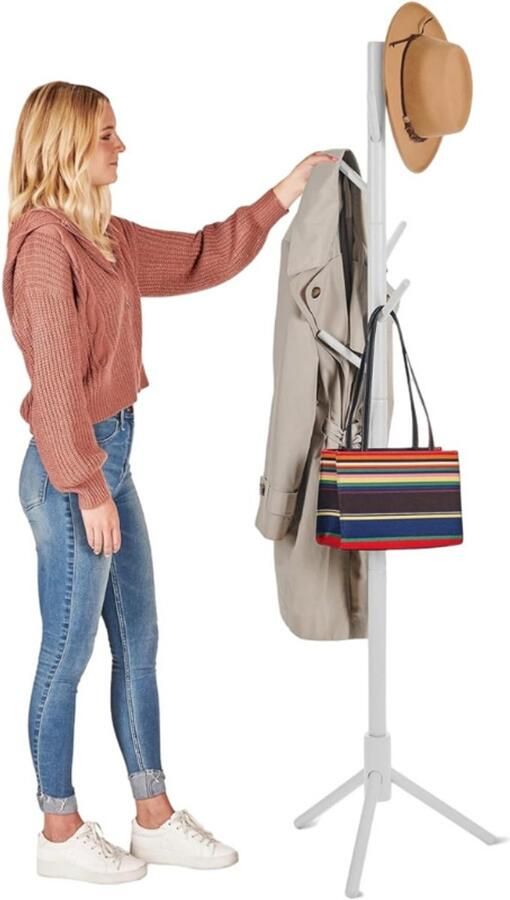 BOG Vrijstaande Massief Houten Kapstok 6 Haken 3 Verstelbare Hoogtes Eenvoudig Te Monteren Voor Slaapkamer Hal En Entree Wit