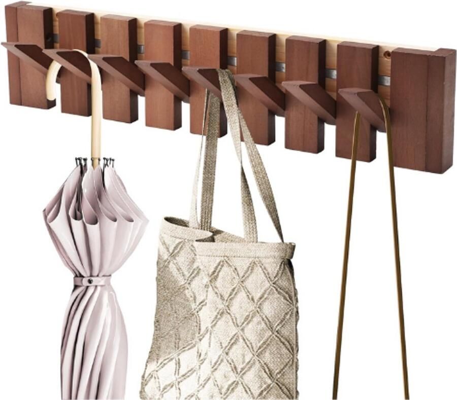BOG Wandkapstok Van Natuurlijk Hout Piano Design Met 8 Neerklapbare Haken Muurkapstok Voor Jassen Sleutels Tassen Kleding Hal Badkamer Slaapkamer Keuken 55x12x3.5cm