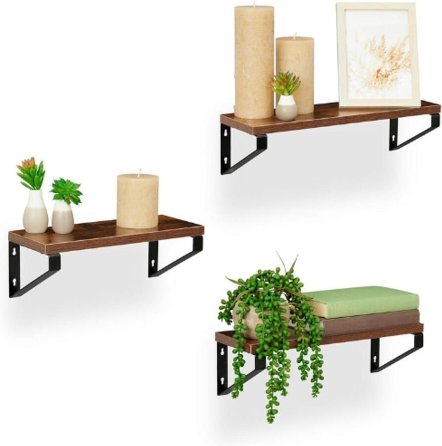 BOG Wandplank Industrieel Set van 3 Zwevende Planken in Verschillende Groottes MDF & Staal Muurplank Bruin Zwart