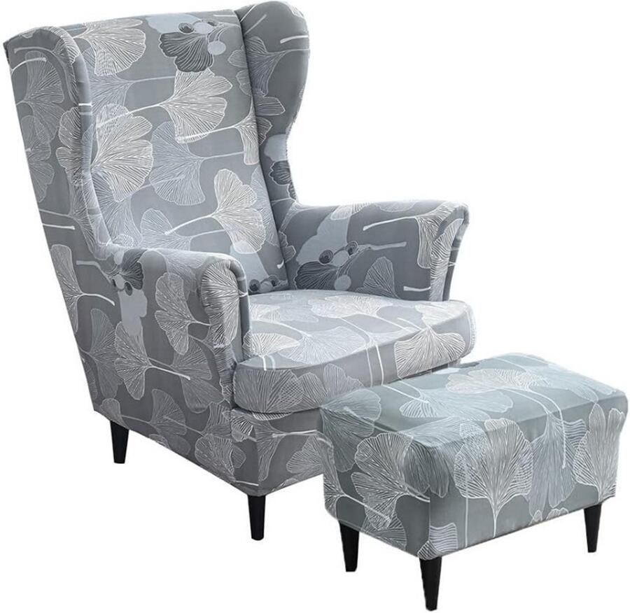 BOG Wing Chair Cover 2-Delig Met Poefhoes – Stretch Fauteuilhoes – Wasbare Spandex Stoelhoes – Meubelbeschermer Voor Armstoel Slaapkamer En Hotel – Ginkgo Biloba Design