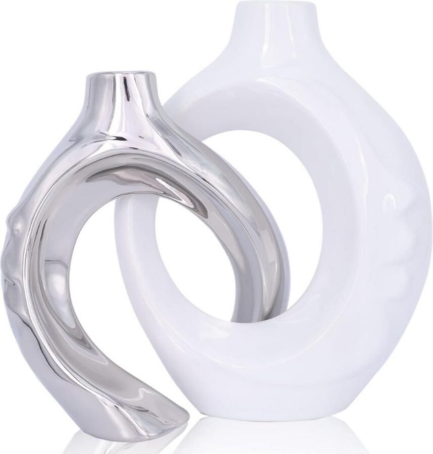 BOG Witte Keramische Vaas Set Van 2 Donutvorm Design In Wit Zilver Moderne Decoratieve Vazen Voor Boekenplank Mantel Eettafel Woonkamer Decoratie