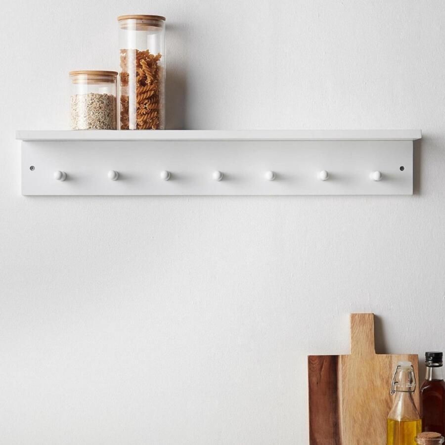 BOG Witte Plank Met 7 Haken Eenvoudig Te Monteren Houten Wandplank Kapstokhaken Voor Kindkamer Badkamer En Hal Zwevende Wandplank Met Haringen