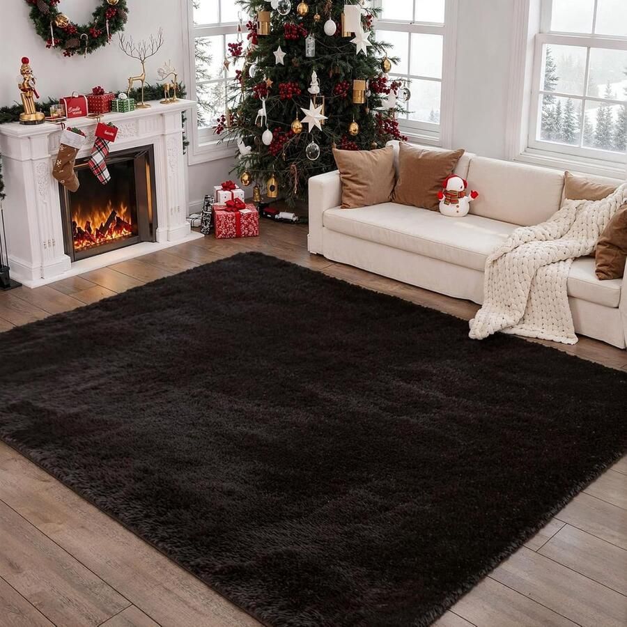PEAM Zacht En Fluffy Tapijt Voor Woonkamer En Slaapkamer – Wasbaar Hoge Vloer Bed Mat Zwart 180x270 CM