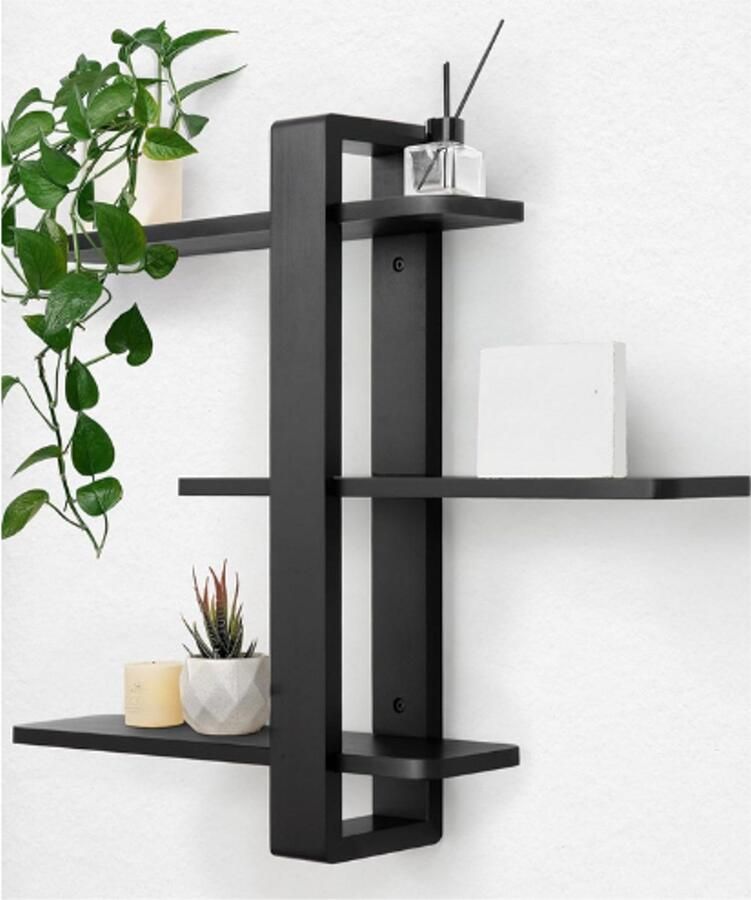 PEAM Zwarte Grenen Zwevende Wandplanken 3-Laags 50 Cm Houten Wandrek Voor Woonkamer Slaapkamer Badkamer Of Kantoor Decoratief Plankenrek Voor Planten Of Foto's