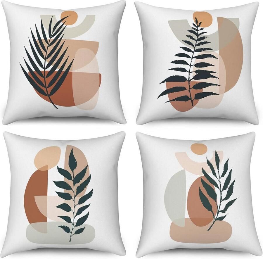Set van 4 Boho Kussenslopen 40 x 40 cm Modern Abstract Met Palmbladeren Wasbaar Polyester Met Vlas Textiel Perfect Voor Bank en Buiten
