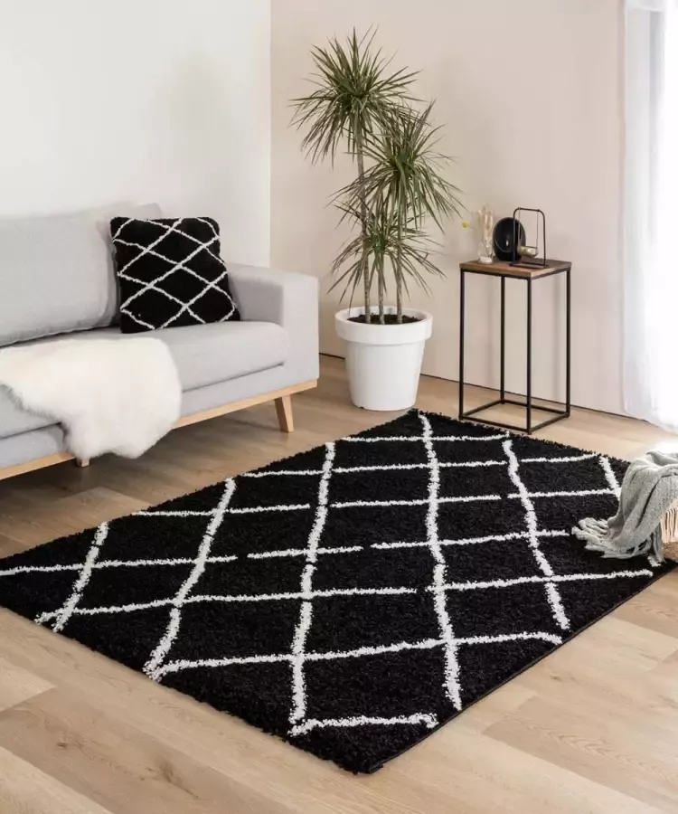Boho&me Hoogpolig vloerkleed ruiten Artisan zwart|wit 80x150 cm