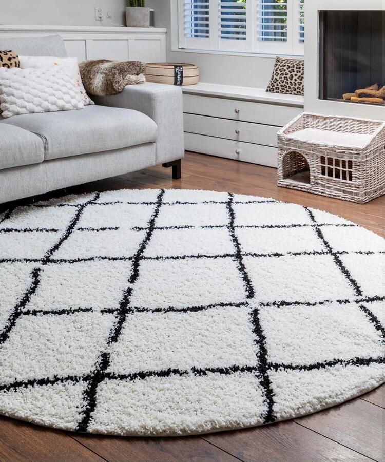 Boho&me Rond hoogpolig vloerkleed ruiten Habitat wit zwart 100 cm rond - Foto 2