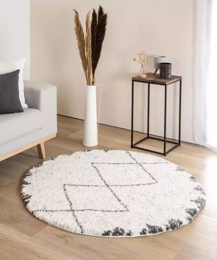 Boho&me Rond hoogpolig vloerkleed berber Artisan wit grijs 160 cm rond