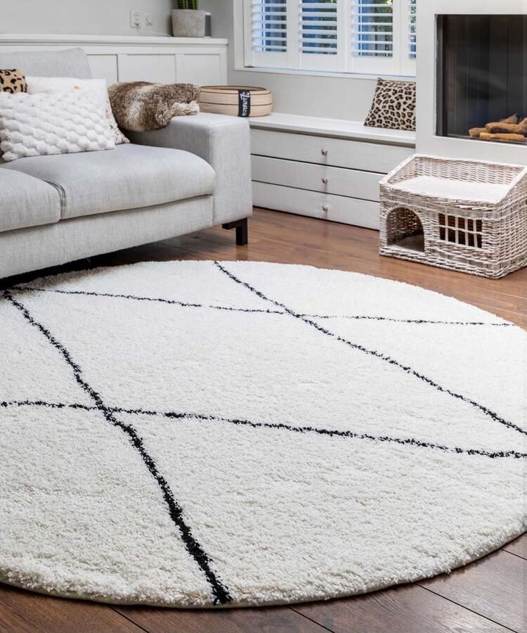 Boho&me Rond hoogpolig vloerkleed ruit Artisan wit zwart 160 cm rond - Foto 2