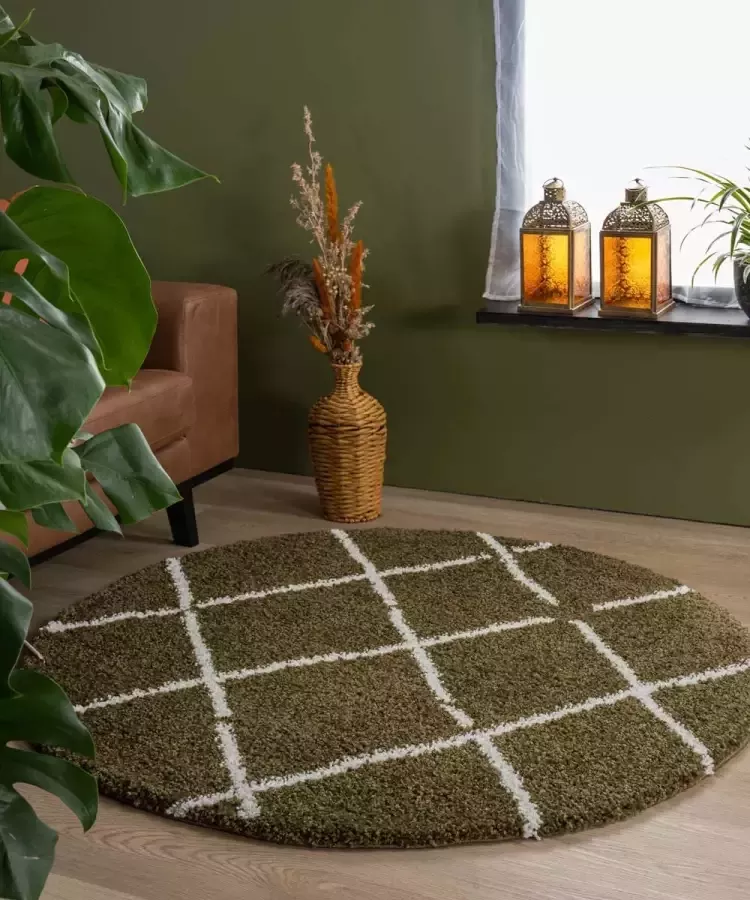 Boho&me Rond hoogpolig vloerkleed ruiten Artisan olijfgroen wit 300 cm rond