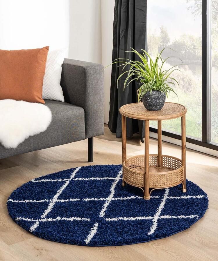 Boho&me Rond hoogpolig vloerkleed ruiten Habitat marineblauw wit 280 cm rond