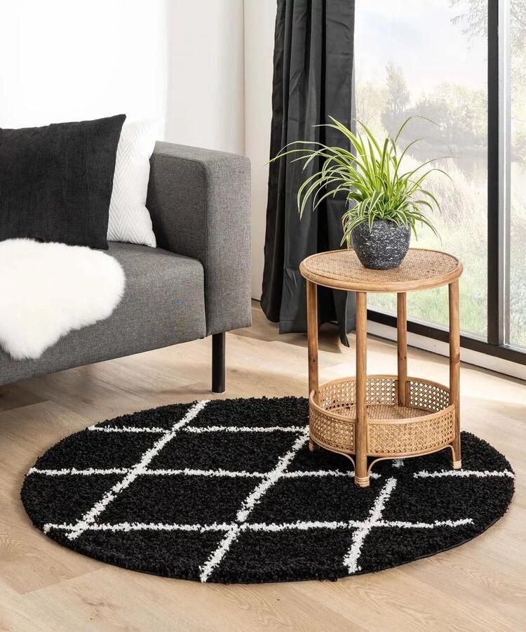 Boho&me Rond hoogpolig vloerkleed ruiten Habitat zwart wit 280 cm rond