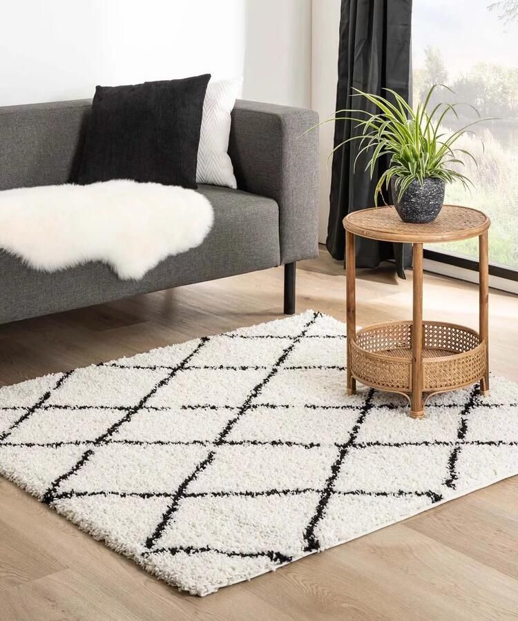 Boho&me Vierkant hoogpolig vloerkleed ruiten Habitat wit zwart 280x280 cm