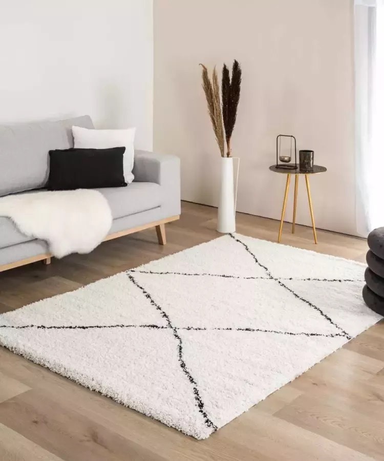Boho&me Hoogpolig vloerkleed ruit Artisan wit|zwart 60x110 cm