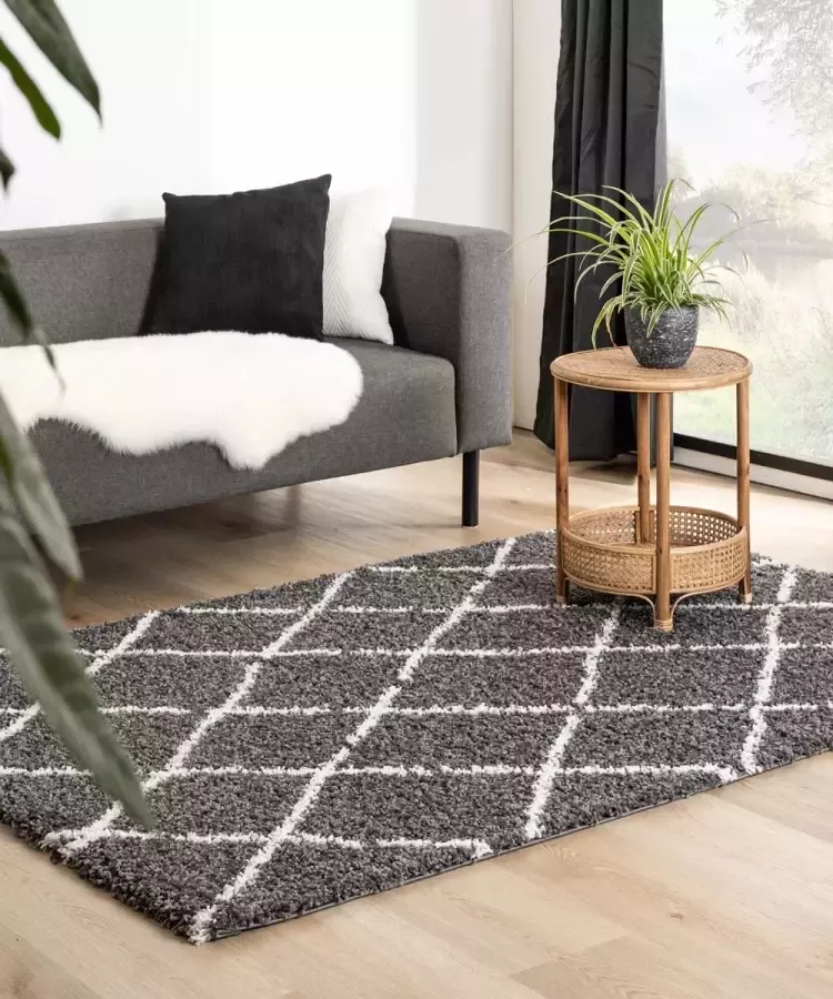 Boho&me Hoogpolig vloerkleed ruiten Habitat grijs|wit 160x230 cm