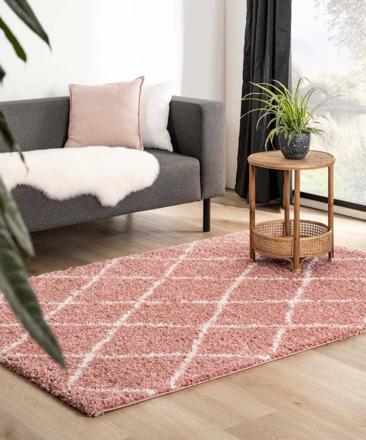 Boho&me Hoogpolig vloerkleed ruiten Habitat roze|wit 280x380 cm