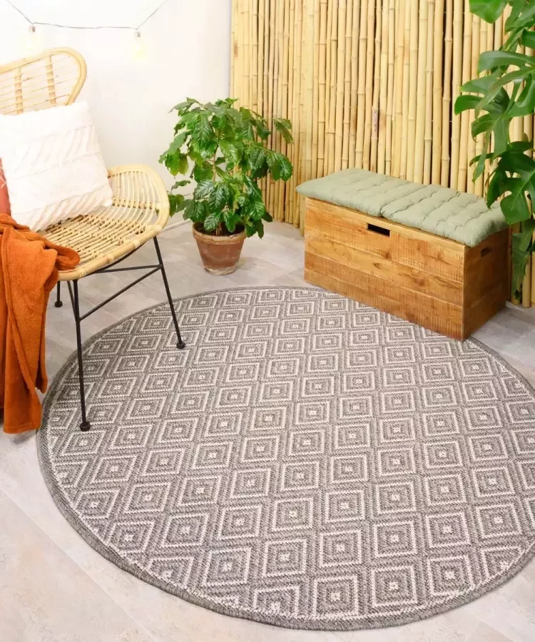 Boho&me Rond buitenkleed ruiten Sunny Gem grijs 250 cm rond