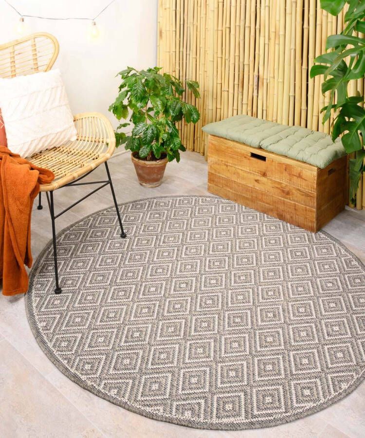 Boho&me Rond buitenkleed ruiten Sunny Gem grijs 80 cm rond