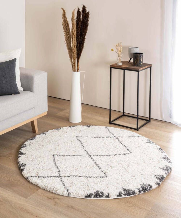 Boho&me Rond hoogpolig vloerkleed berber Artisan wit grijs 120 cm rond