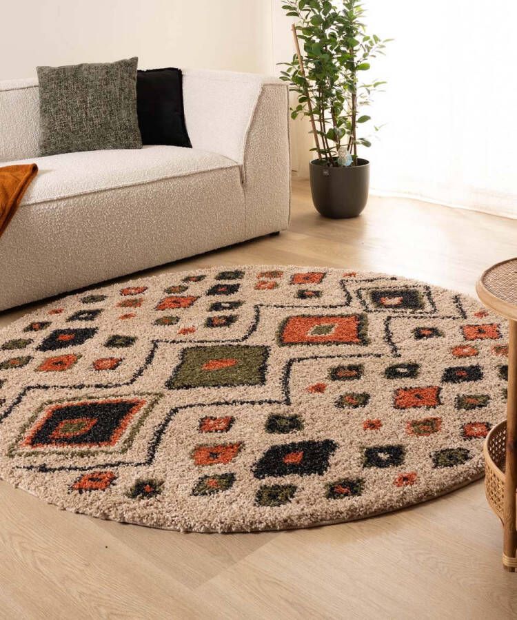 Boho&me Rond hoogpolig vloerkleed bohemian Artisan beige multi 100 cm rond