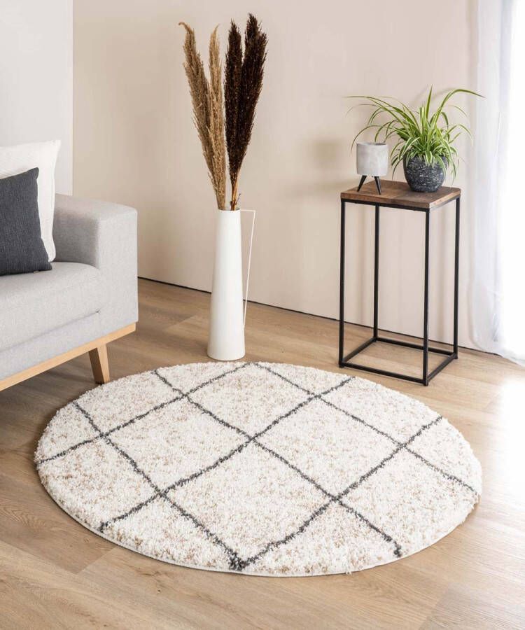 Boho&me Rond hoogpolig vloerkleed geruit Artisan wit grijs 120 cm rond