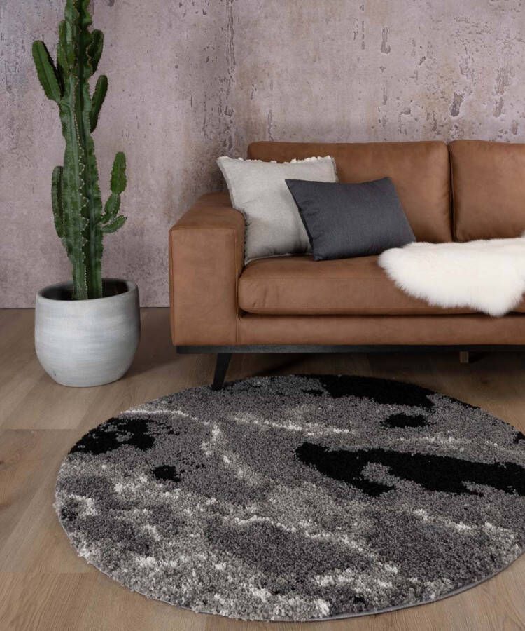 Boho&me Rond hoogpolig vloerkleed Marble Artisan grijs 120 cm rond