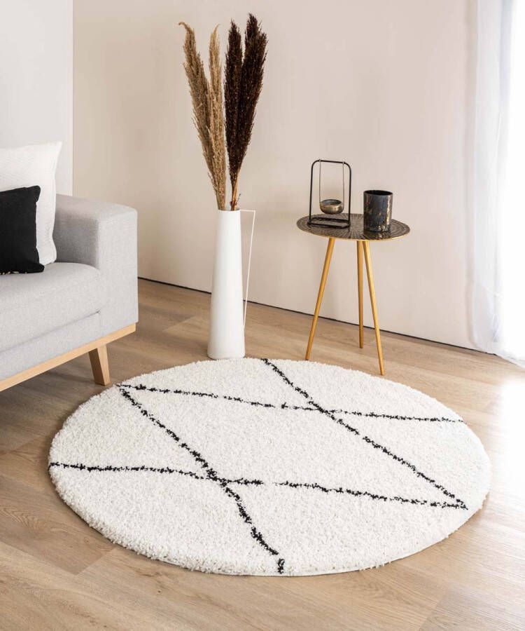 Boho&me Rond hoogpolig vloerkleed ruit Artisan wit zwart 280 cm rond