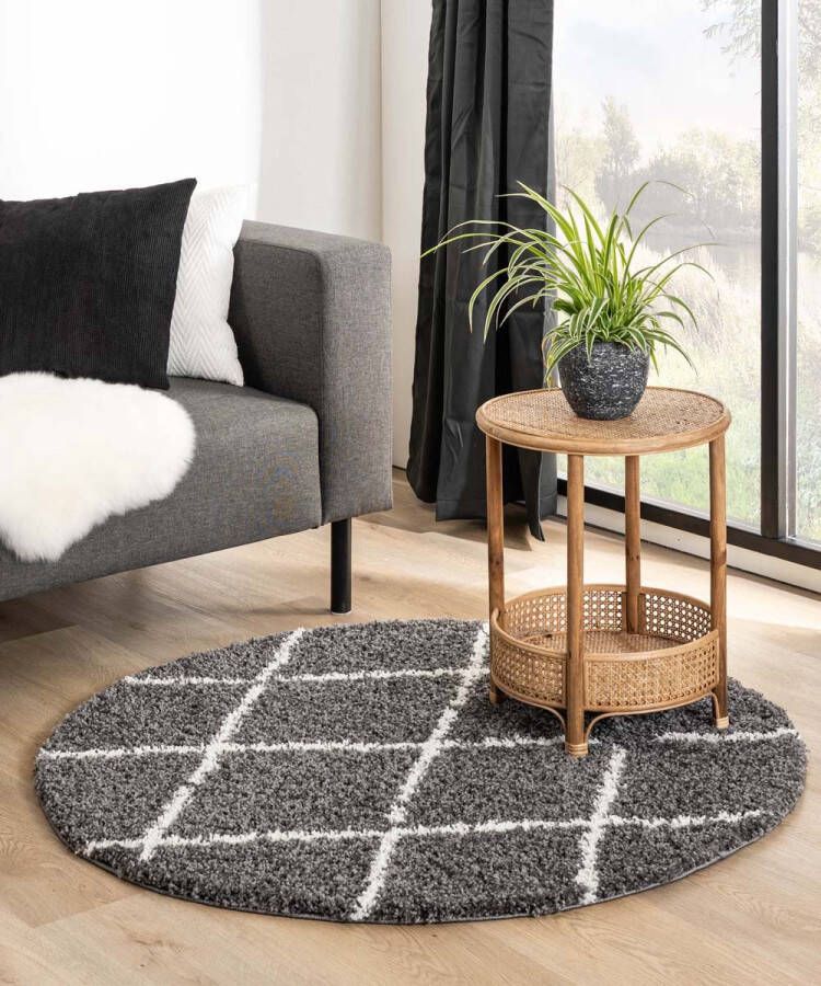 Boho&me Rond hoogpolig vloerkleed ruiten Habitat grijs wit 280 cm rond