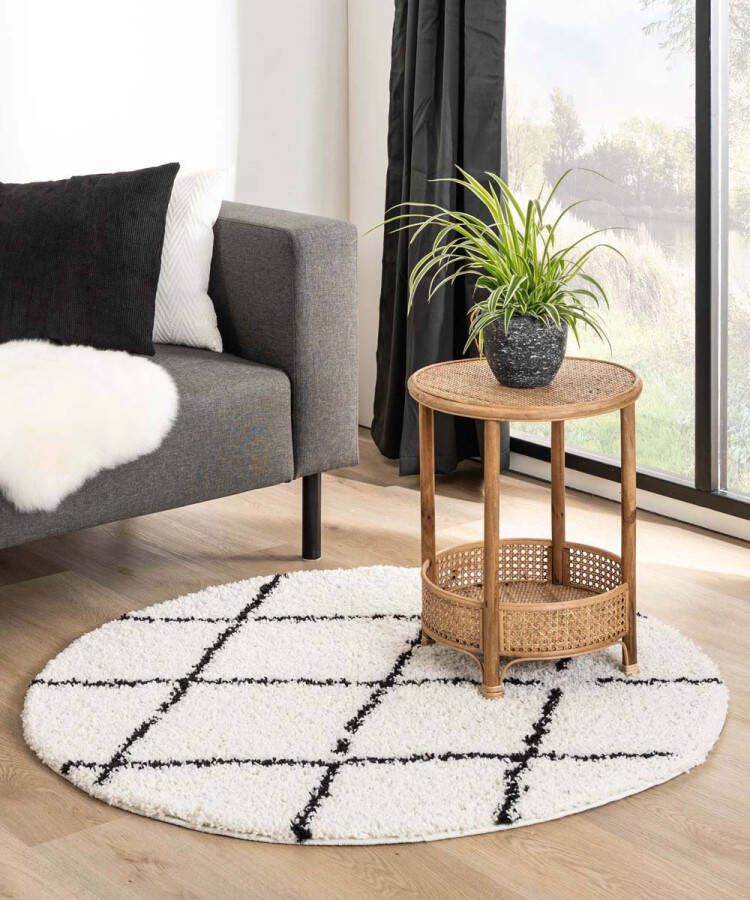 Boho&me Rond hoogpolig vloerkleed ruiten Habitat wit zwart 100 cm rond
