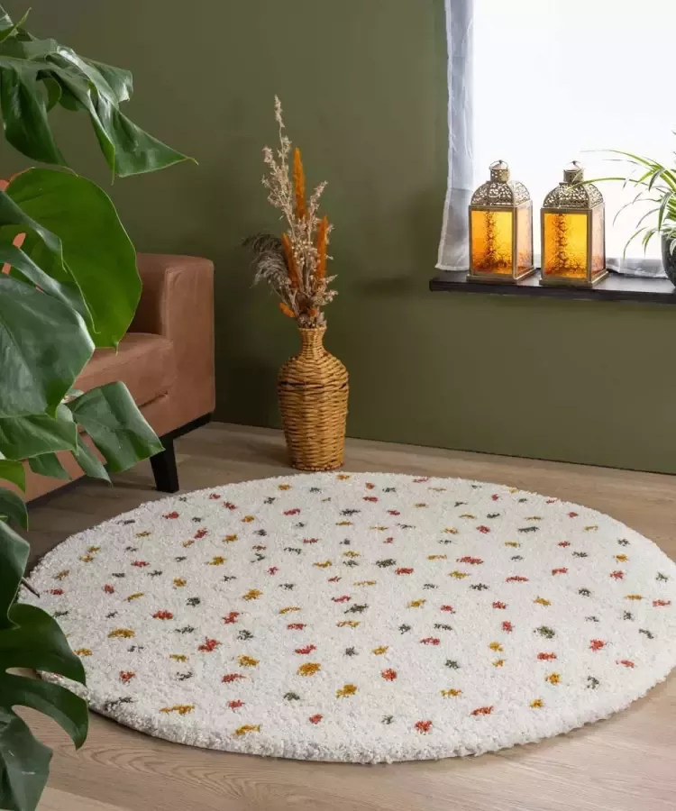Boho&me Rond hoogpolig vloerkleed stippen Artisan wit multi 80 cm rond