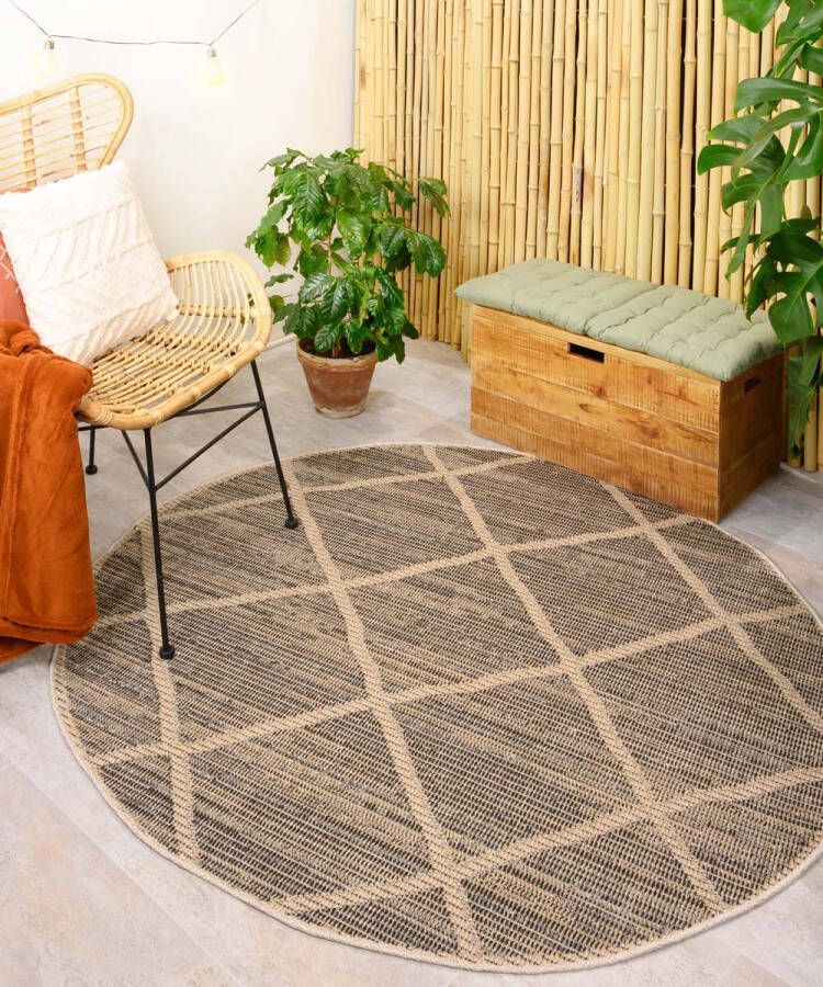 Boho&me Rond jute buitenkleed ruiten Sunny naturel 200 cm rond