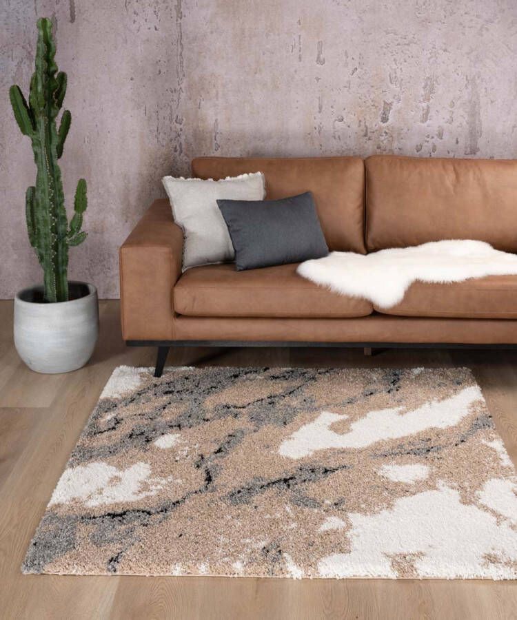 Boho&me Vierkant hoogpolig vloerkleed Marble Artisan beige 140x140 cm