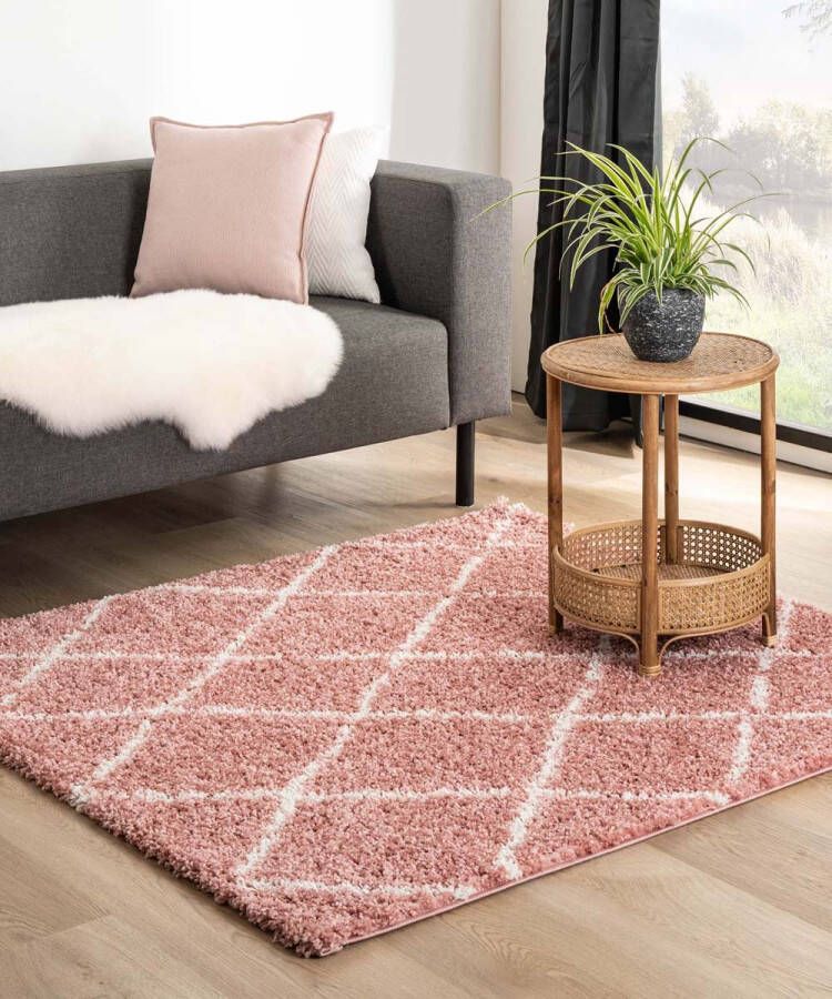 Boho&me Vierkant hoogpolig vloerkleed ruiten Habitat roze wit 240x240 cm - Foto 1
