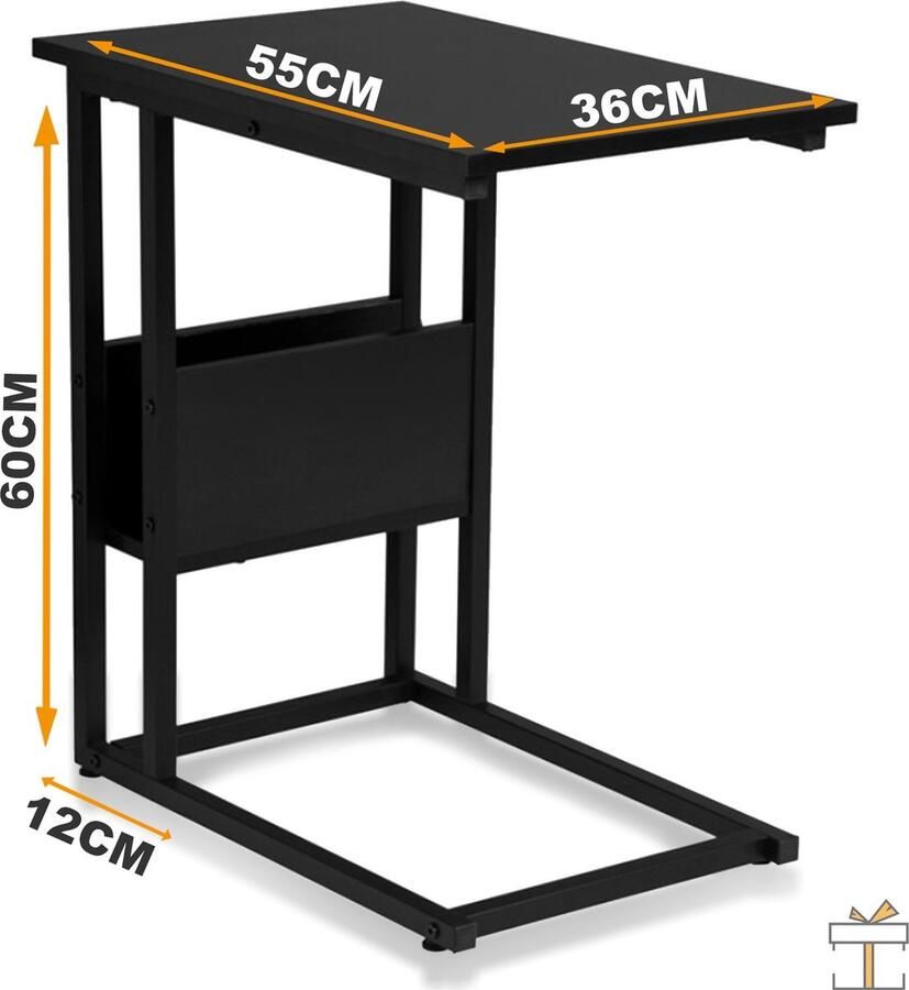Bolt Edge Bijzettafel Zwart Voor laptop of ontbijt Vierkant Rechthoek 55x36x60cm